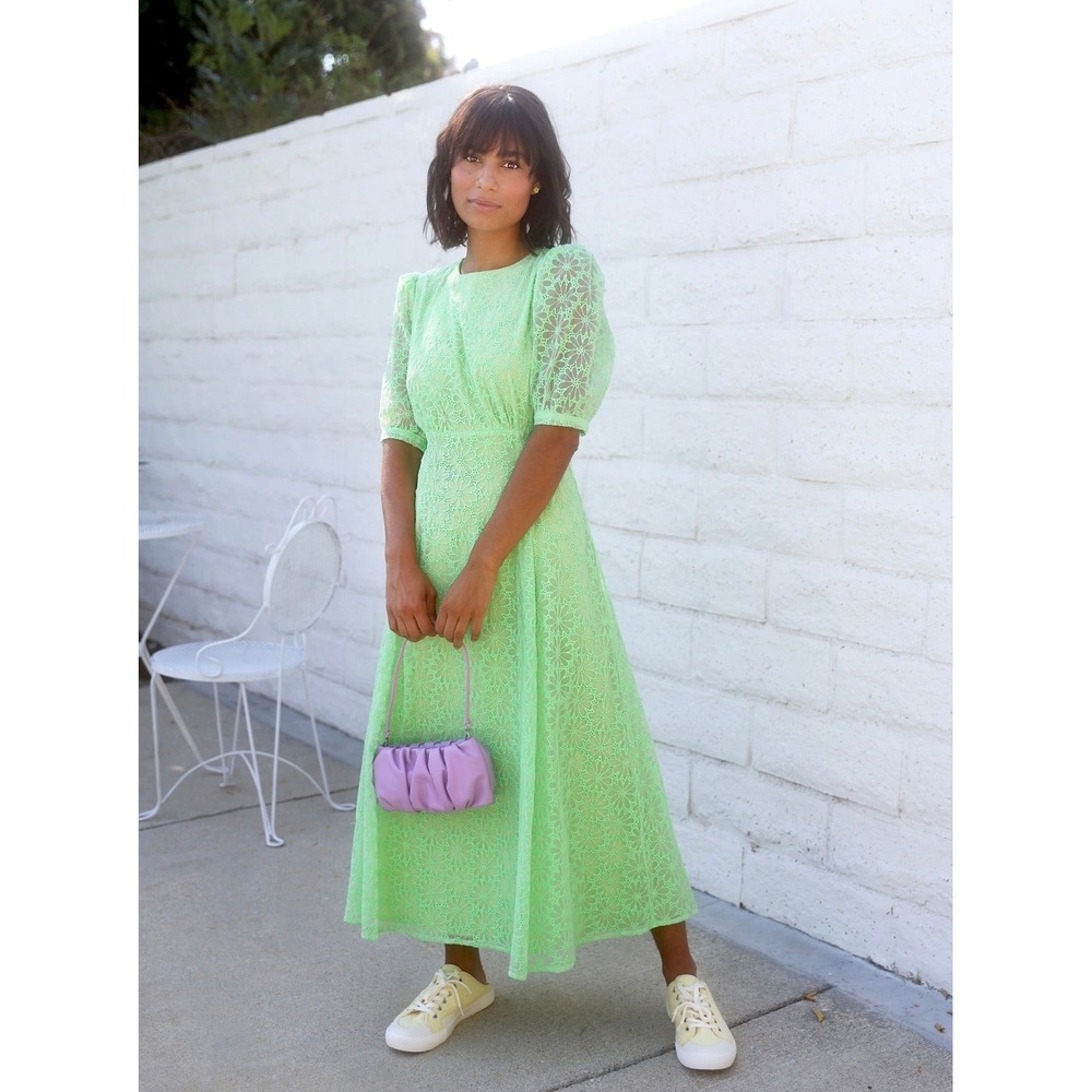 Greylin Suki Dress Womens L Lime Green Excellent Floral Lace Open Back Midi
